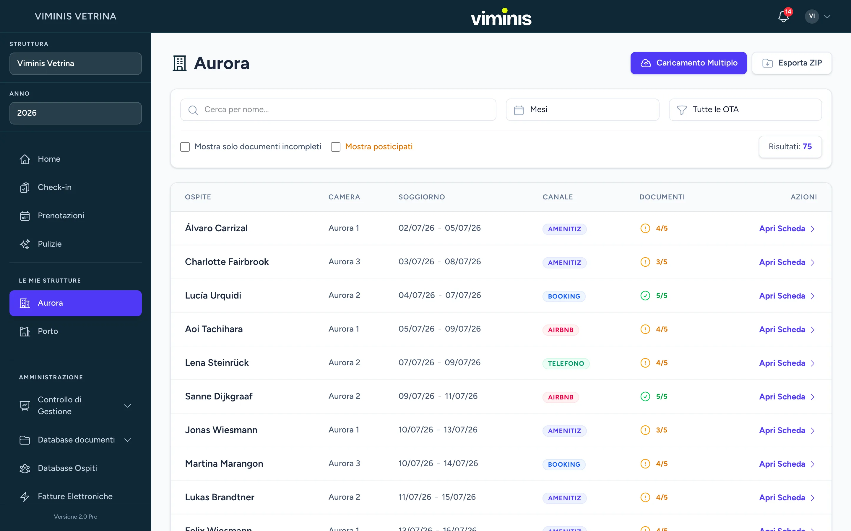 Una struttura aperta nel gestionale: nella barra laterale le strutture dell'account, nel contenuto le prenotazioni della sola struttura scelta.
