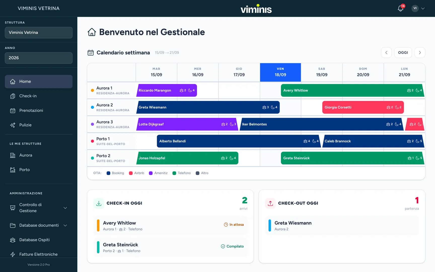 La home del gestionale Viminis: calendario della settimana con una riga per camera, e sotto i check-in e i check-out del giorno.